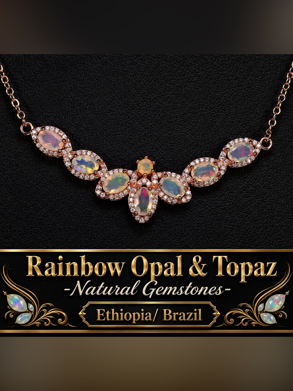 Opal & white Topaz stationary Necklace 14k Rose Gold on silver adj